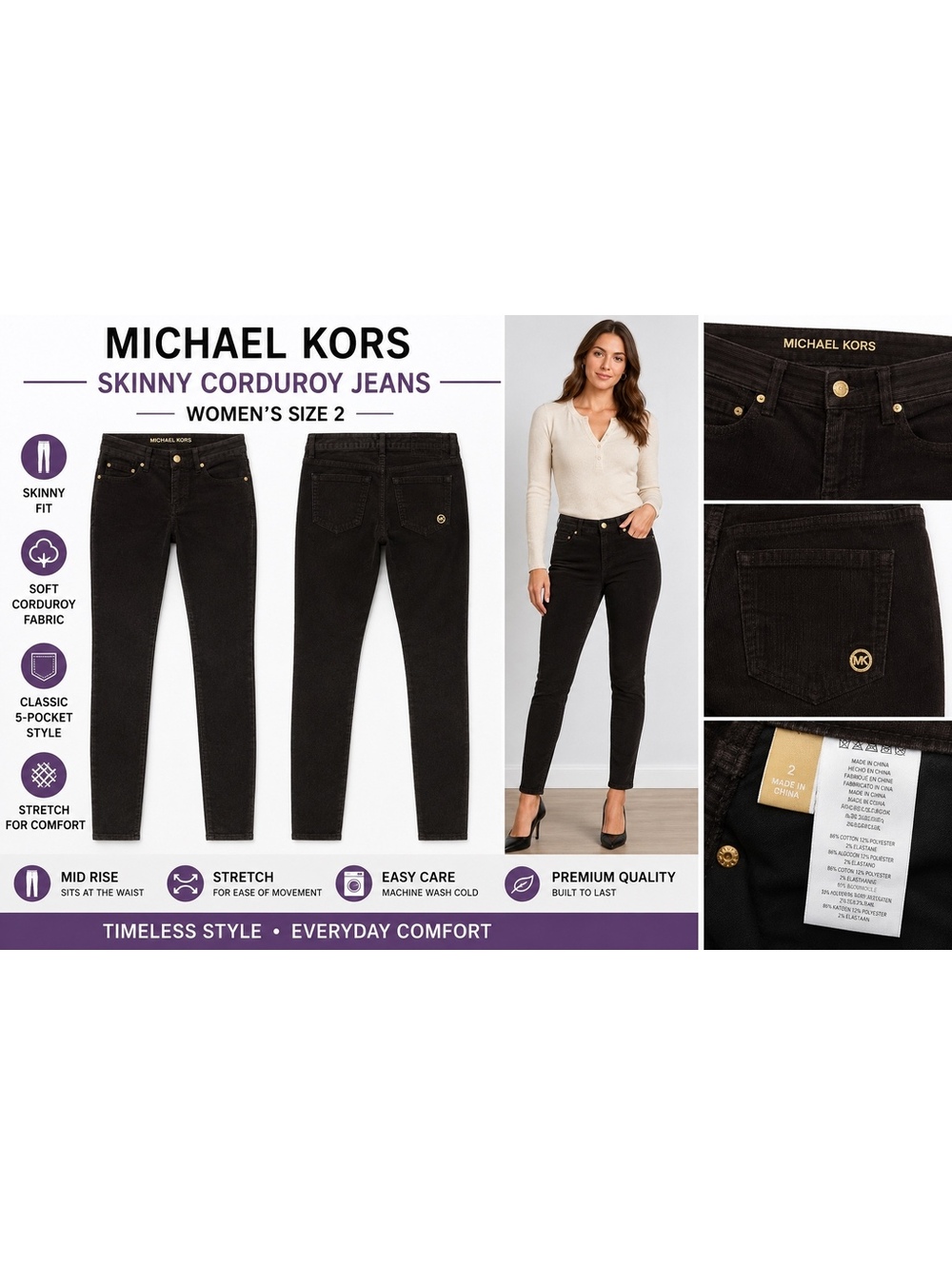 Michael Kors Skinny Corduroy Jeans Women’s Size 2 Brown Stretch Mid Rise Pants